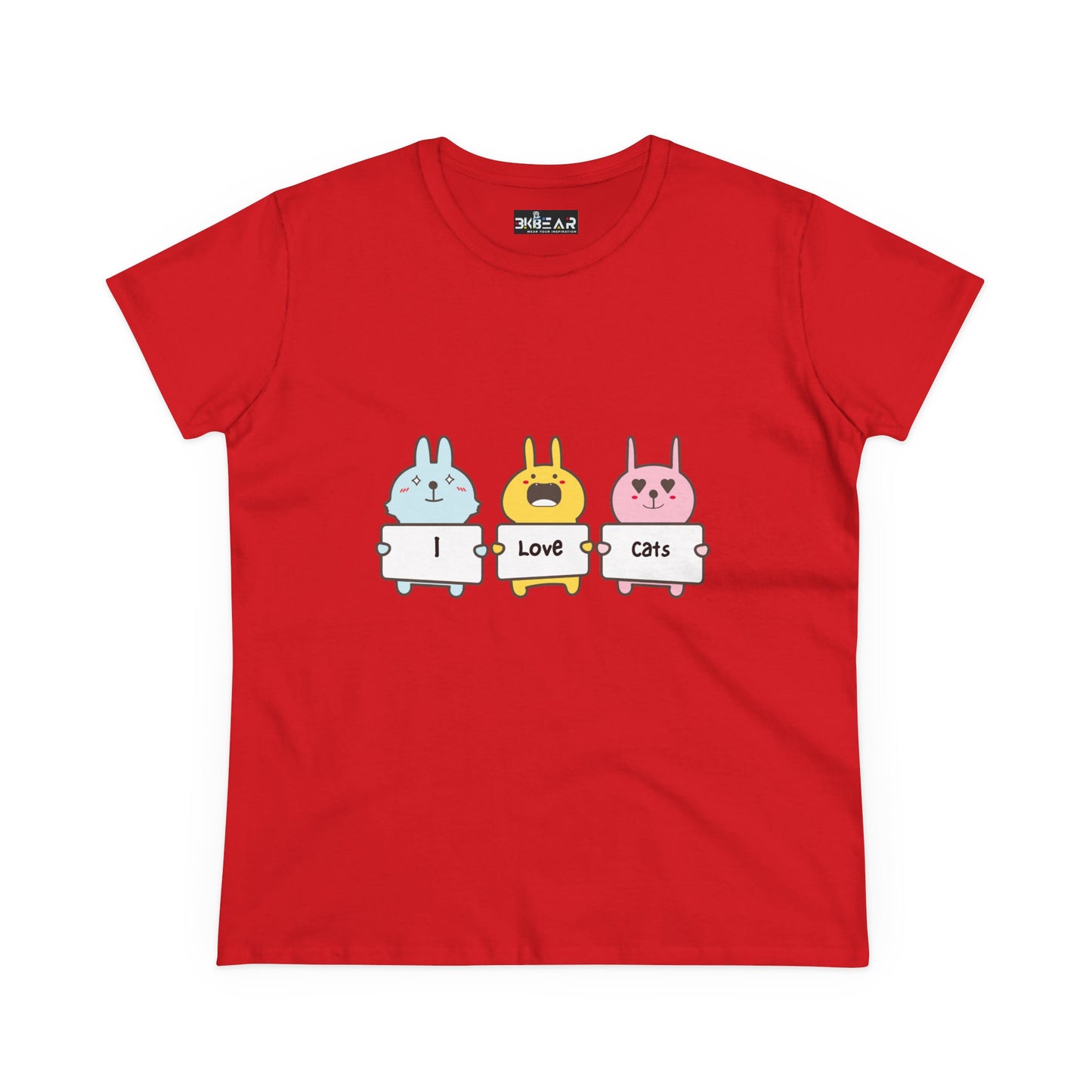 Red women's cat lover t-shirt with cute cartoon cats holding I love cats signs