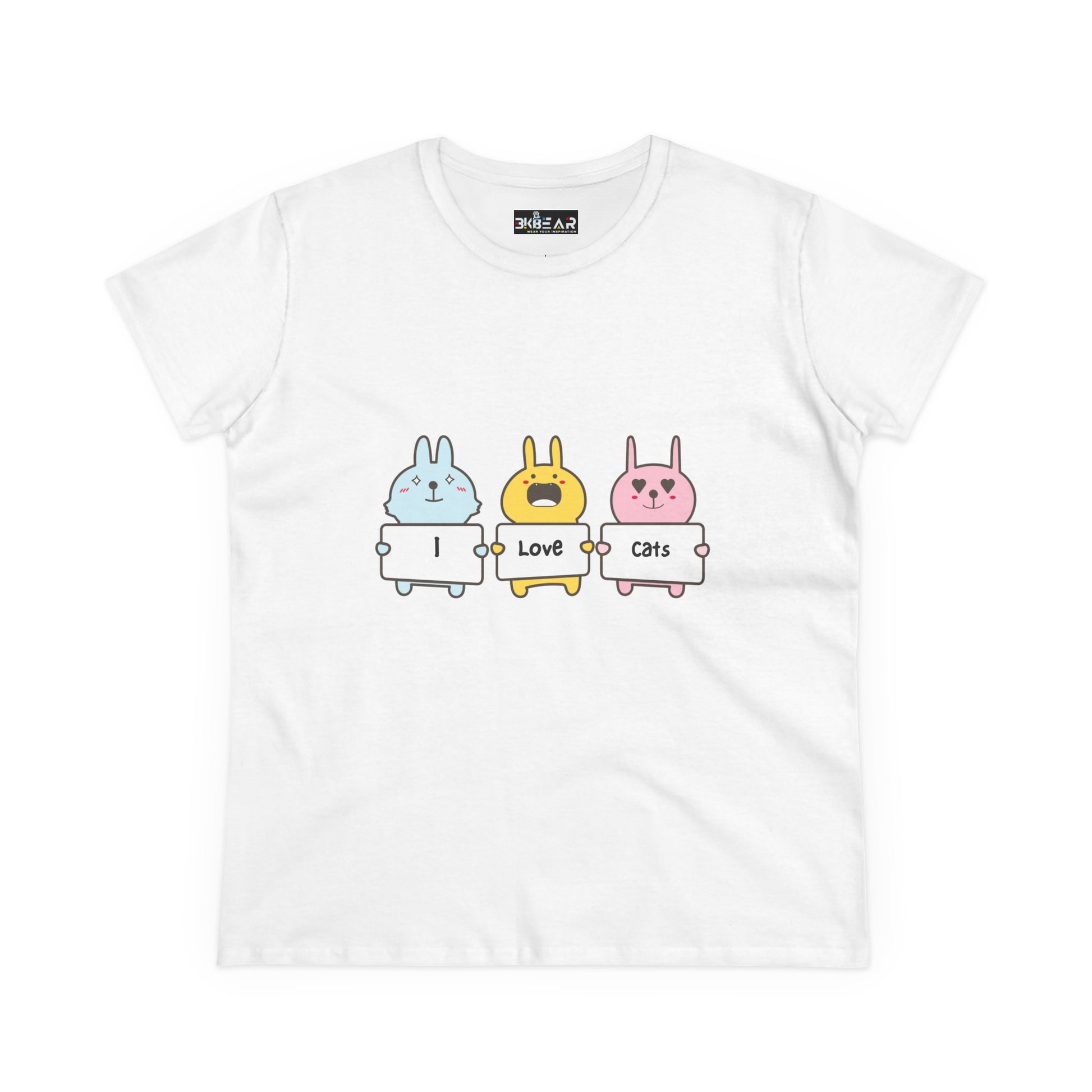 White Printify women's cat lover t-shirt with cute cartoon animals holding I love cats signs