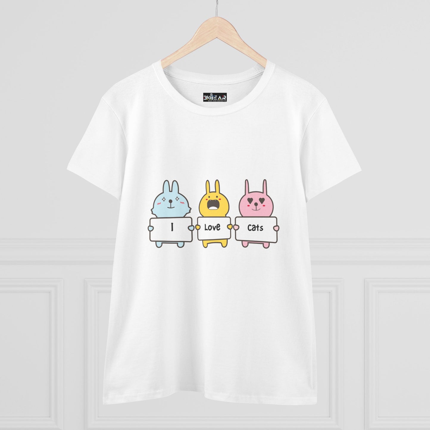 Printify women's cat lover t-shirt with cute cartoon animals holding signs saying I love cats