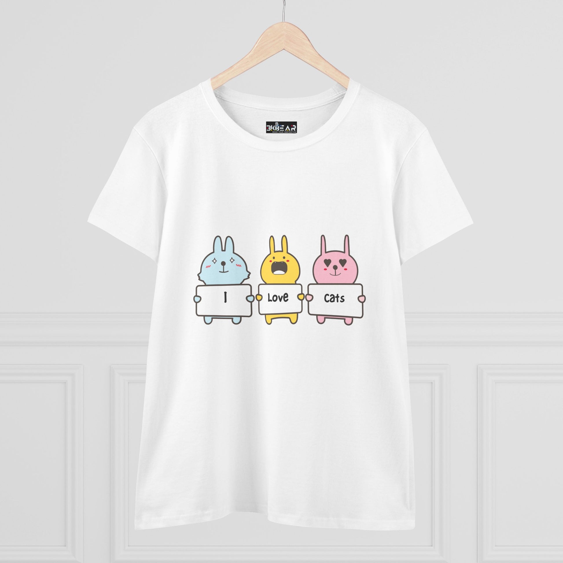Printify women's cat lover t-shirt with cute cartoon animals holding signs saying I love cats