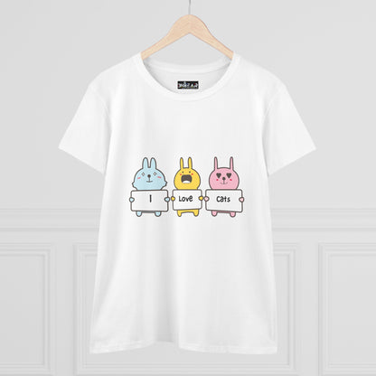 Printify women's cat lover t-shirt with cute cartoon animals holding signs saying I love cats