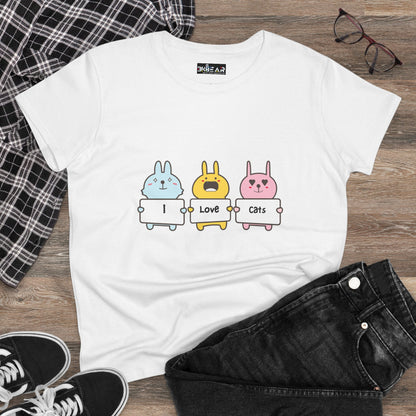 White Printify women's cat lover t-shirt with cute colorful cartoon cats and I love cats text
