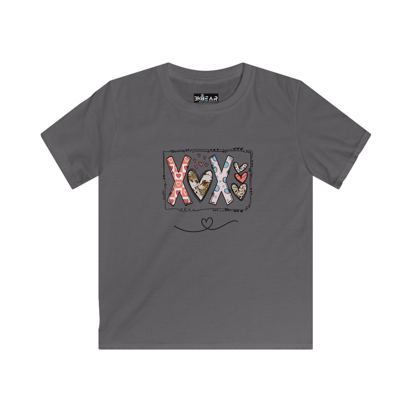 Gray kids shirt with colorful XOXO heart design printed by Printify xoxo kids shirt