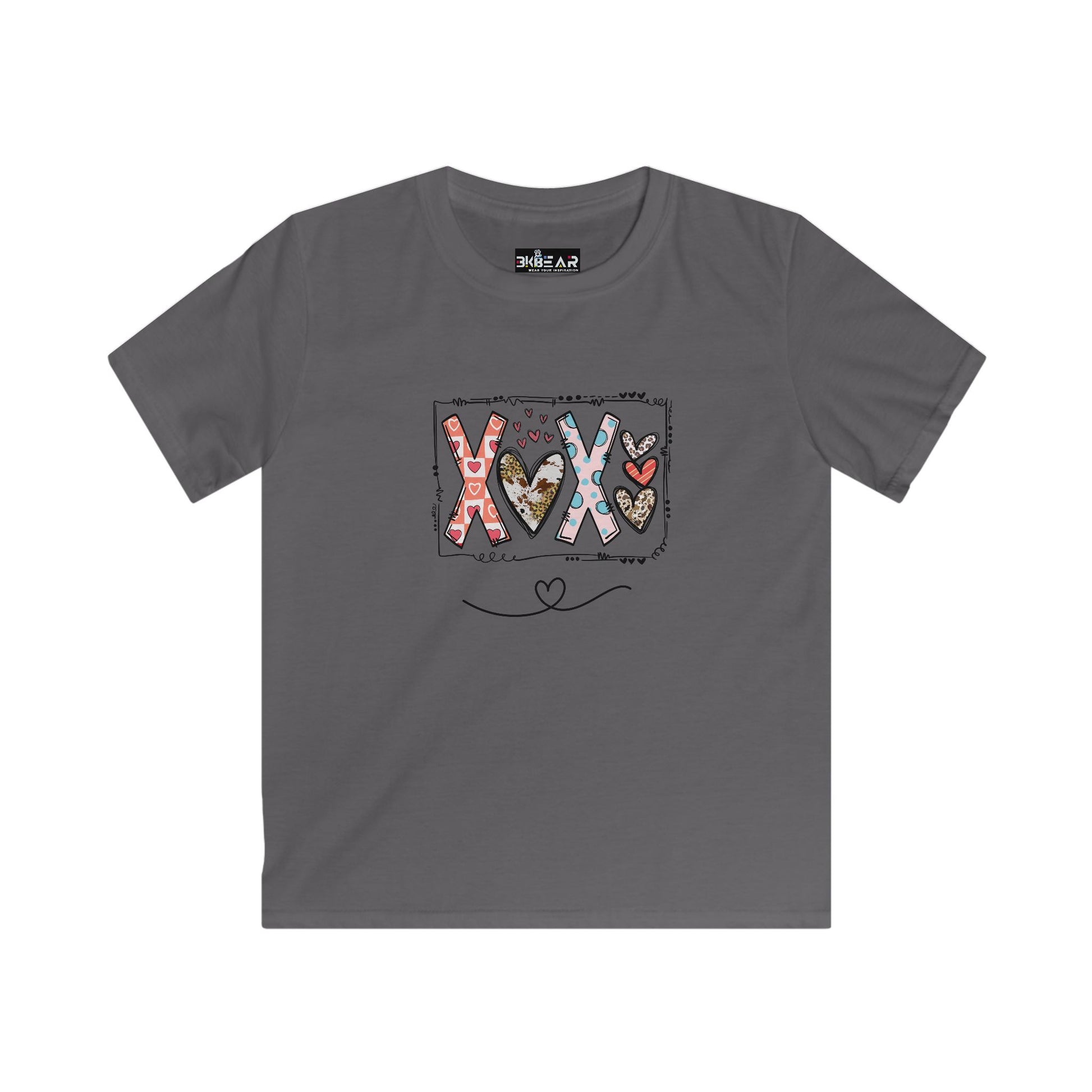 Gray kids shirt with colorful XOXO heart design printed by Printify xoxo kids shirt