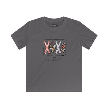 Gray kids shirt with colorful XOXO heart design printed by Printify xoxo kids shirt