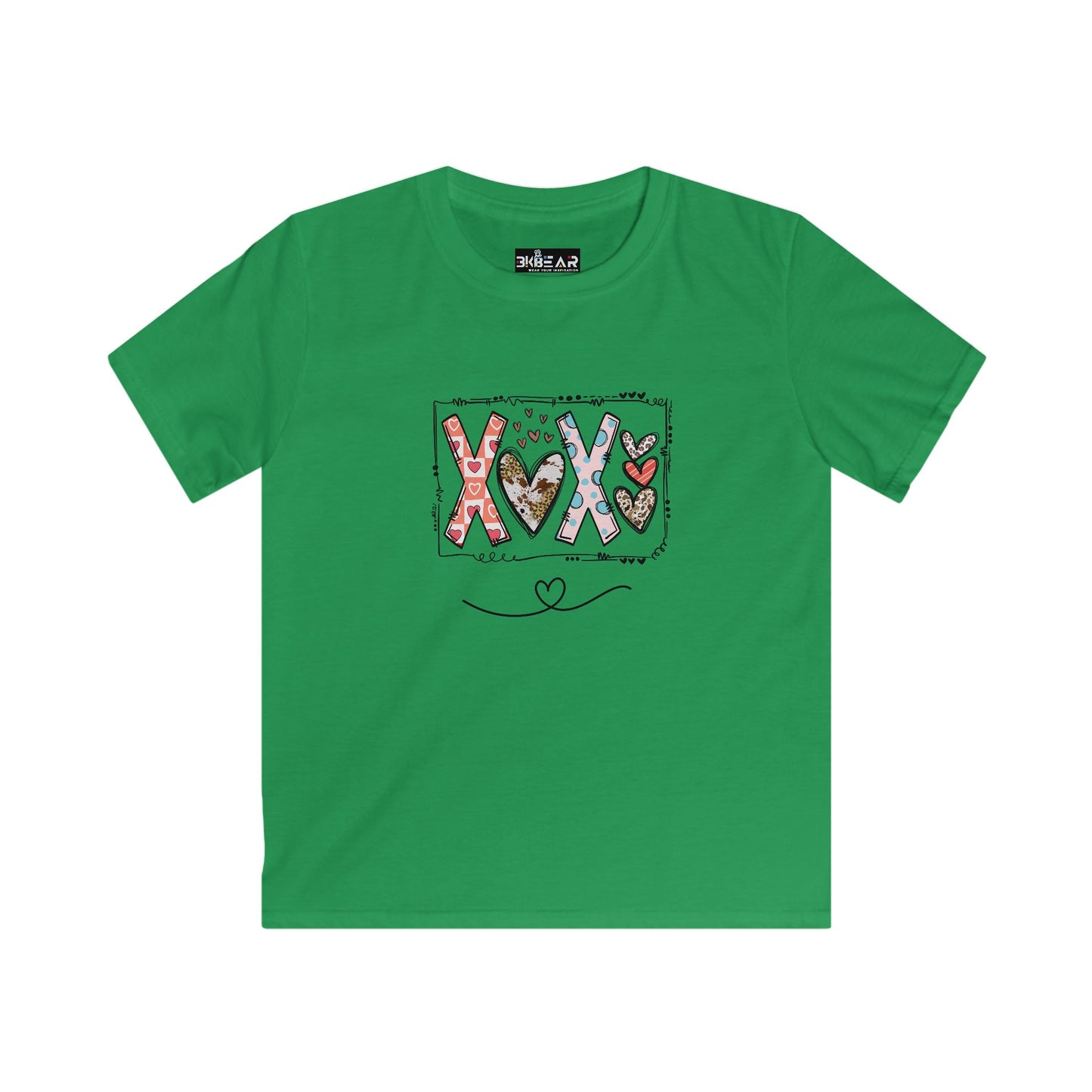 Green Printify kids t-shirt featuring colorful xoxo kids shirt design with hearts