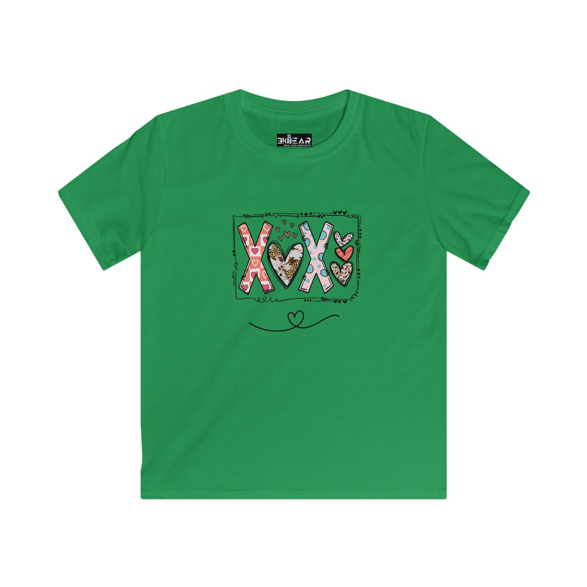 Green Printify kids t-shirt featuring colorful xoxo kids shirt design with hearts