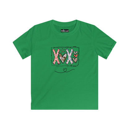 Green Printify kids t-shirt featuring colorful xoxo kids shirt design with hearts