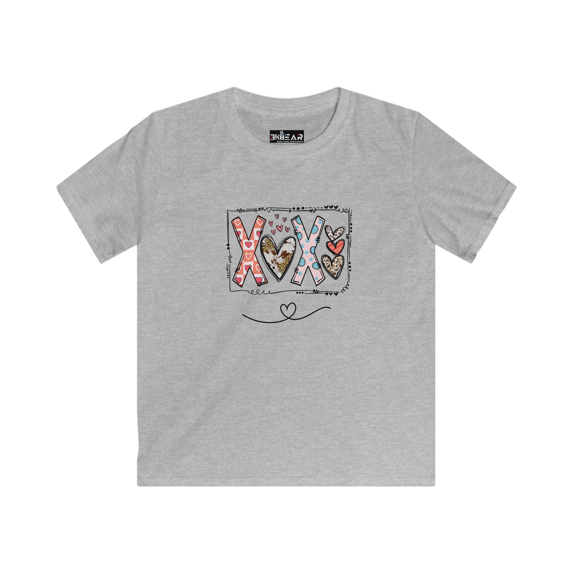Gray Printify kids shirt with colorful XOXO kids shirt design and heart patterns on front