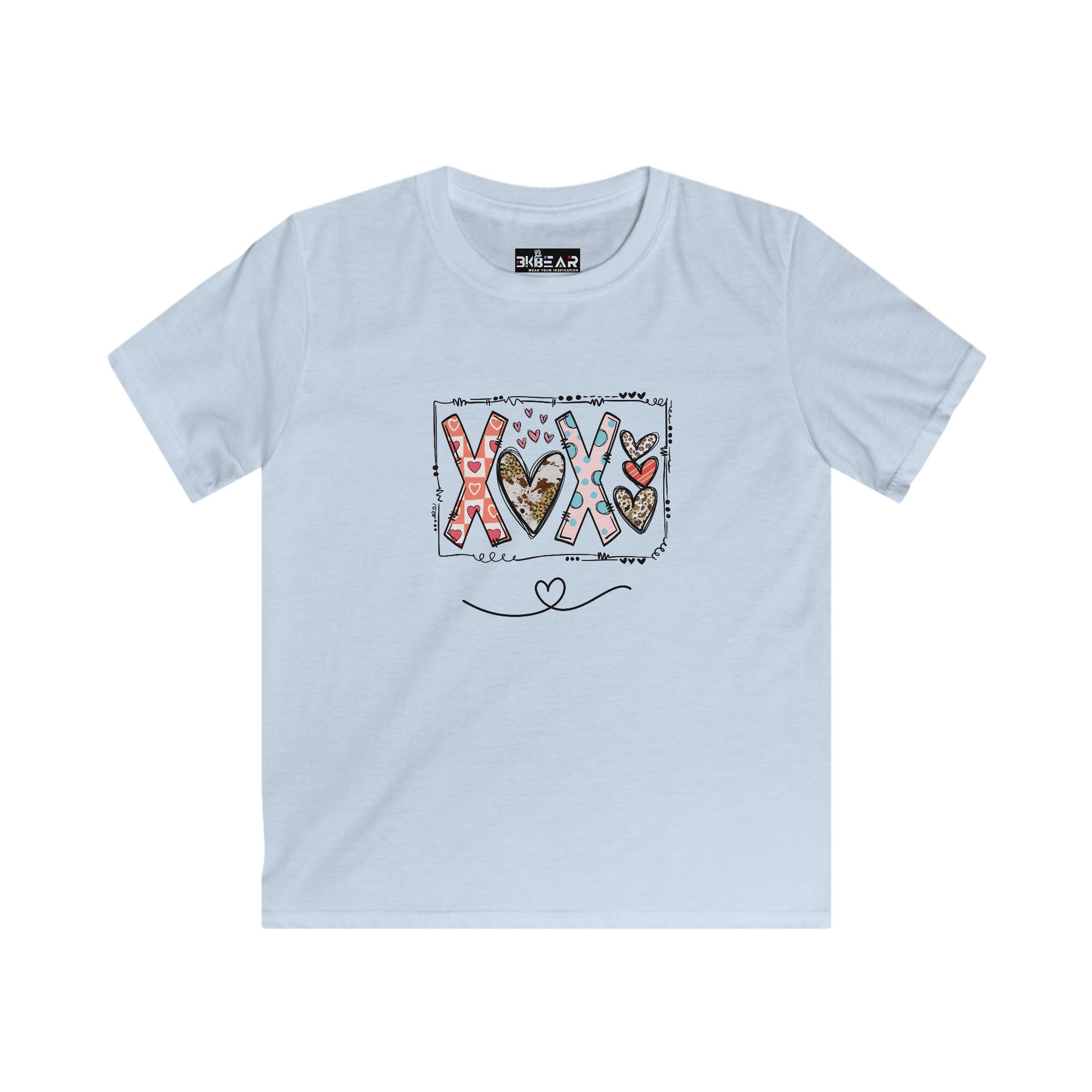Printify light blue xoxo kids shirt with colorful heart and letter design on front