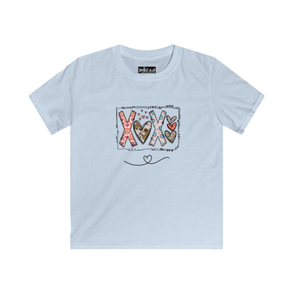 Printify light blue xoxo kids shirt with colorful heart and letter design on front