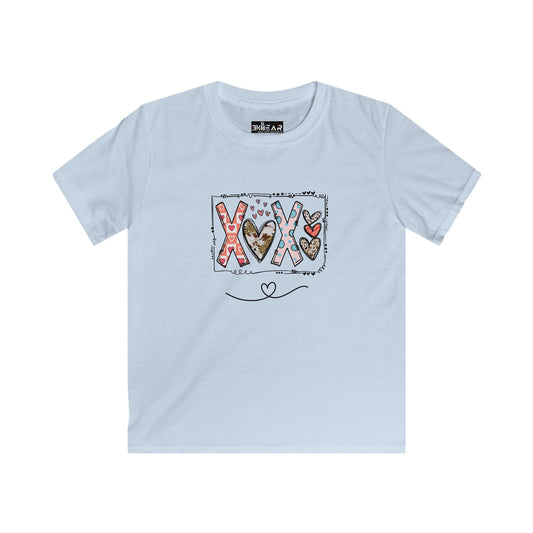 Printify light blue xoxo kids shirt with colorful heart and letter design on front