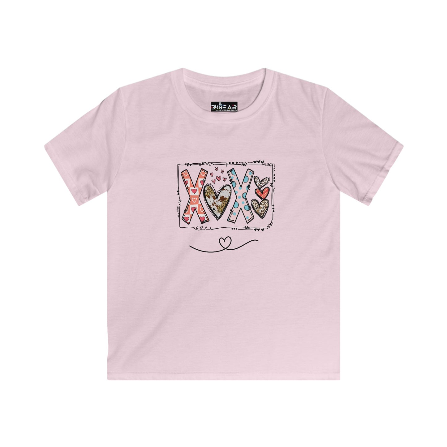 Light pink Printify kids clothes xoxo kids shirt with colorful heart and love design