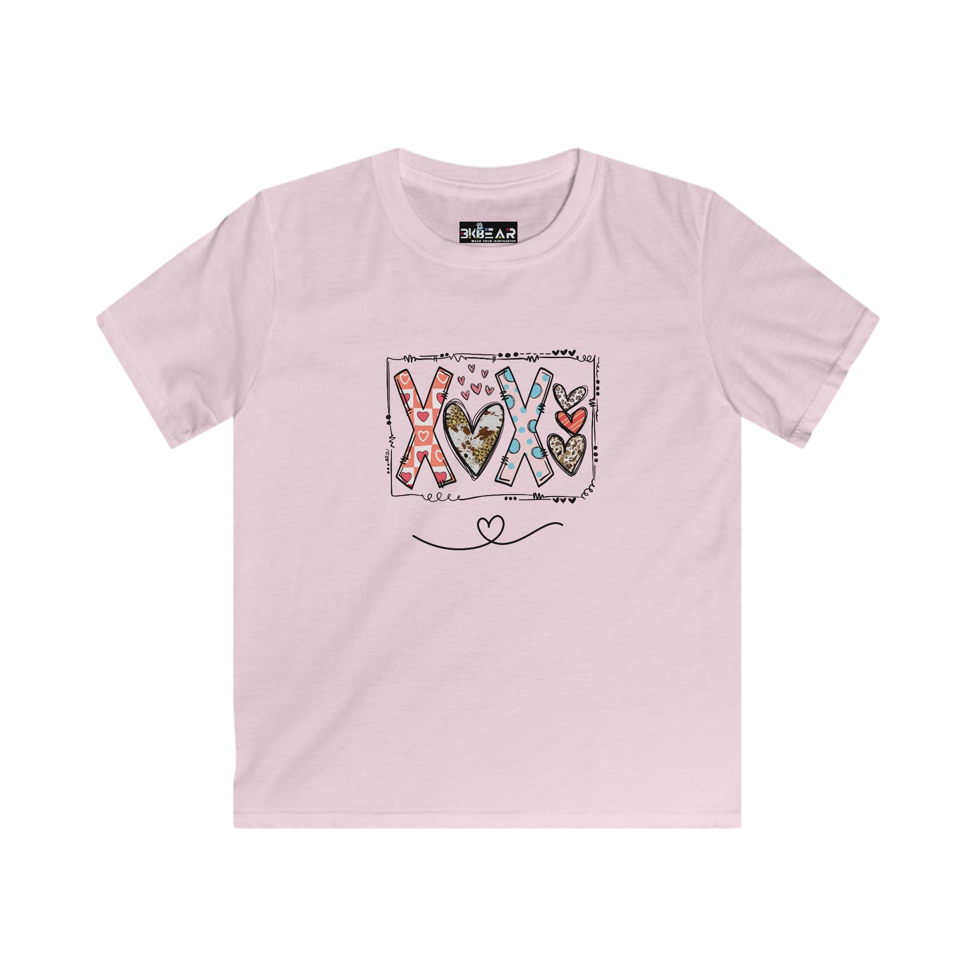 Light pink Printify kids clothes xoxo kids shirt with colorful heart and love design