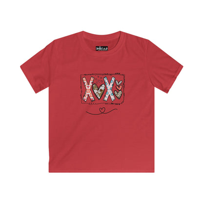 Red xoxo kids shirt with playful heart and letter design from Printify in a comfortable fit
