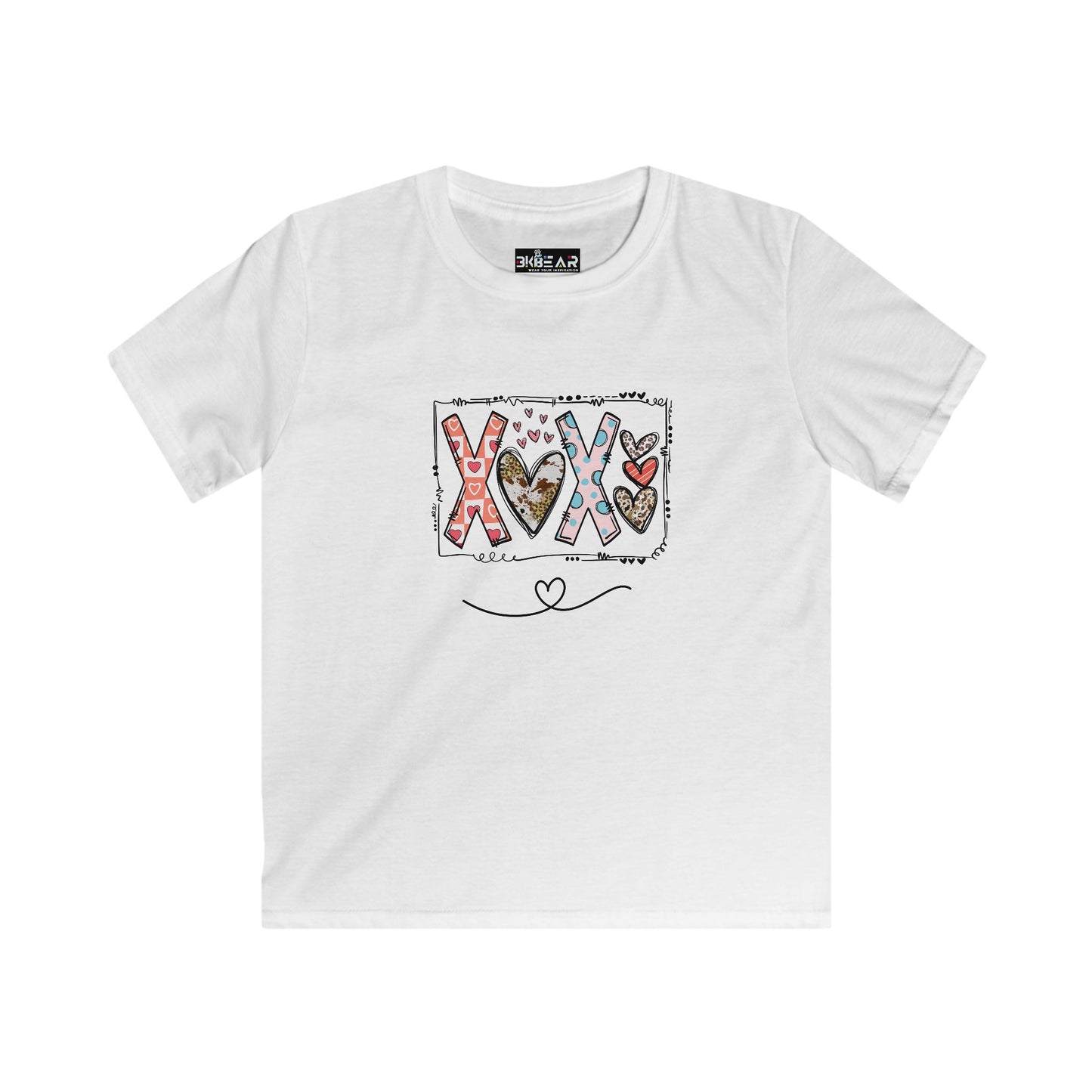 White xoxo kids shirt with colorful heart and letter design by Printify for children