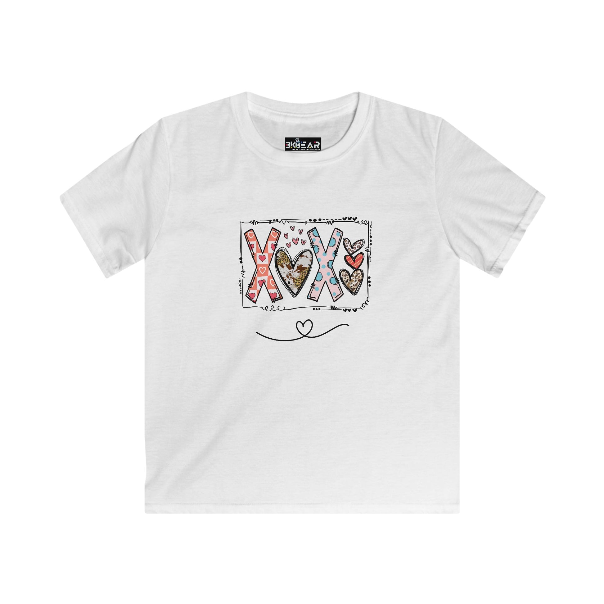 White xoxo kids shirt with colorful heart and letter design by Printify for children