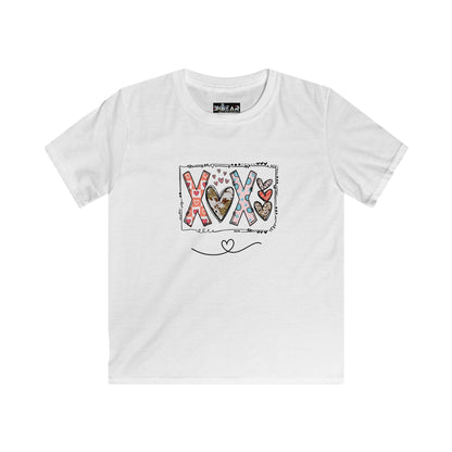 White xoxo kids shirt with colorful heart and letter design by Printify for children